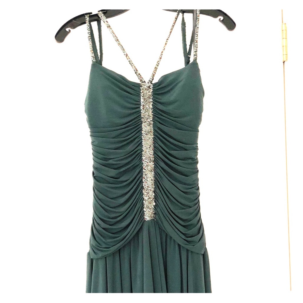 BCBG Green Ruched, Beaded Dress, Size L